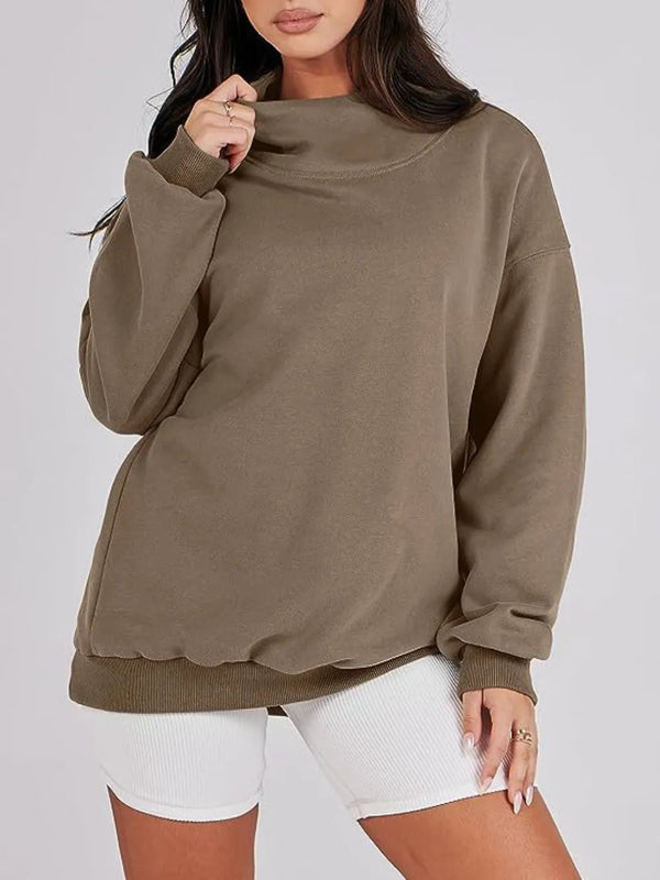 Mock Neck Drop Shoulder Long Sleeve Sweatshirt - Lilixa.store
