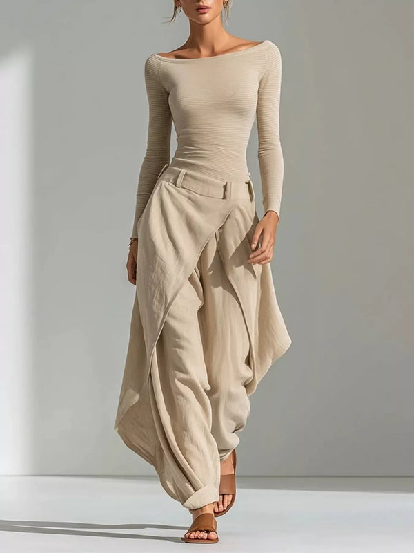 Boat Neck Long Sleeve Top and Wrap-Front Wide Leg Pant Set - Lilixa.store