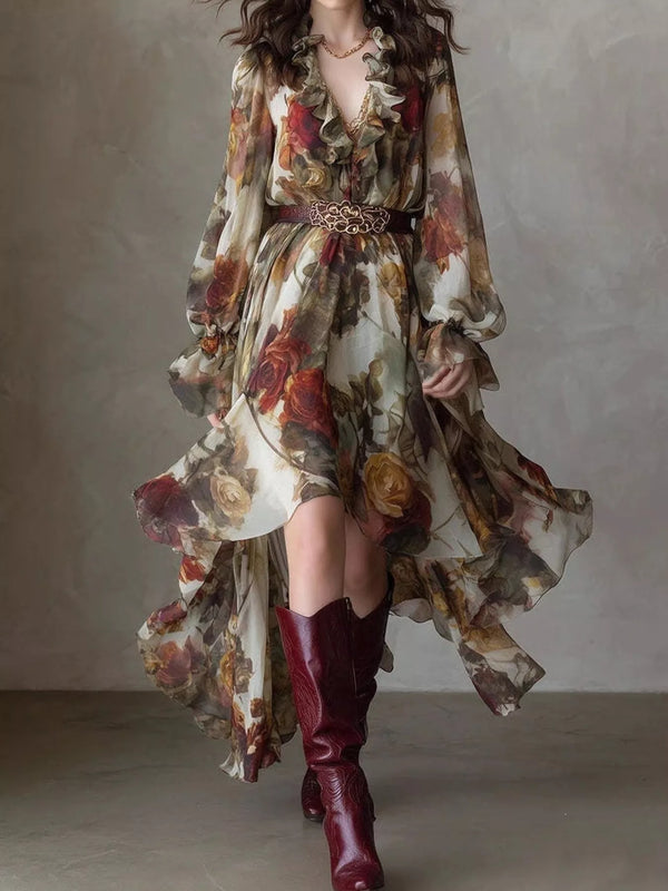 Floral Print Ruffle Trim High-Low Chiffon Maxi Dress - Lilixa.store