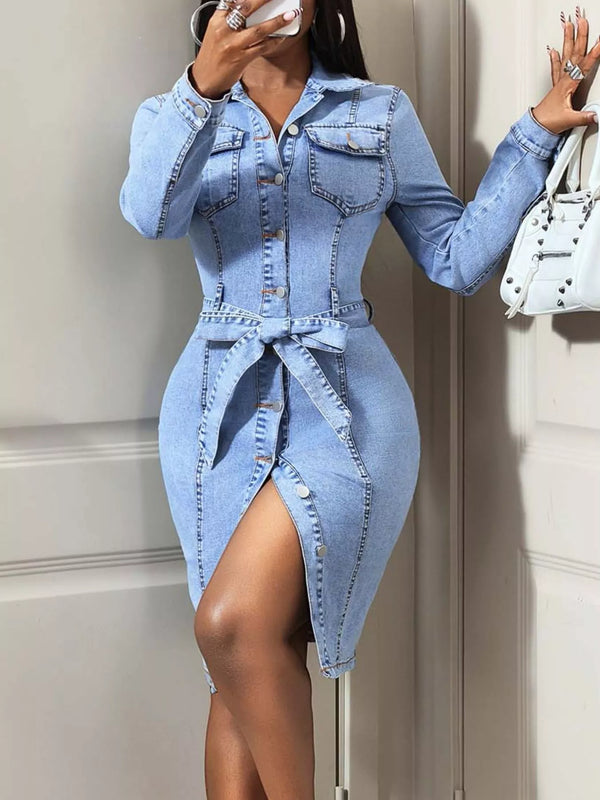 Button-Down Tie Waist Denim Dress - Lilixa.store