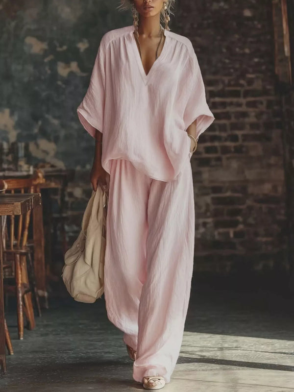 Loose Fit Notched Top and Pants Set - Lilixa.store