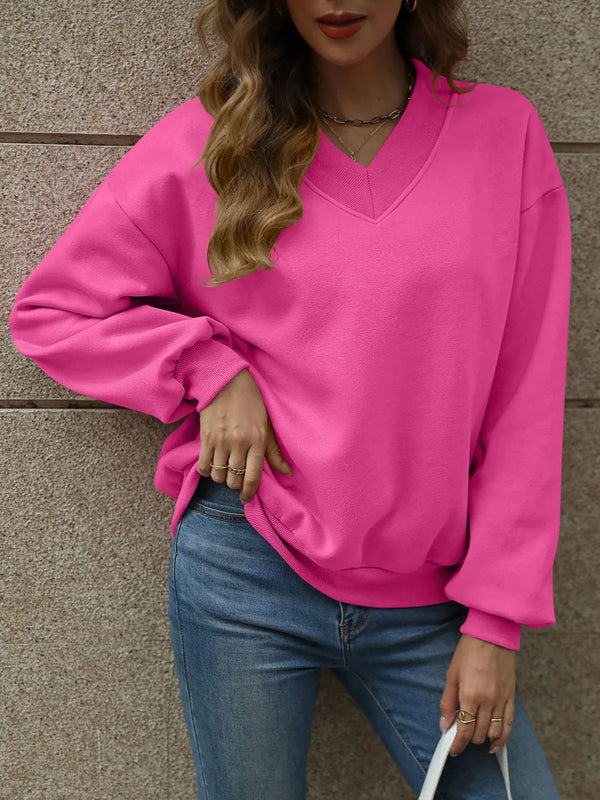 V-Neck Long Sleeve Dropped Shoulder Sweatshirt - Lilixa.store