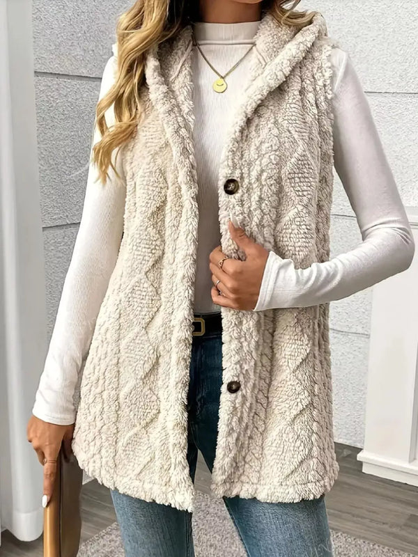 Button Up Plush Hooded Vest Coat - Lilixa.store