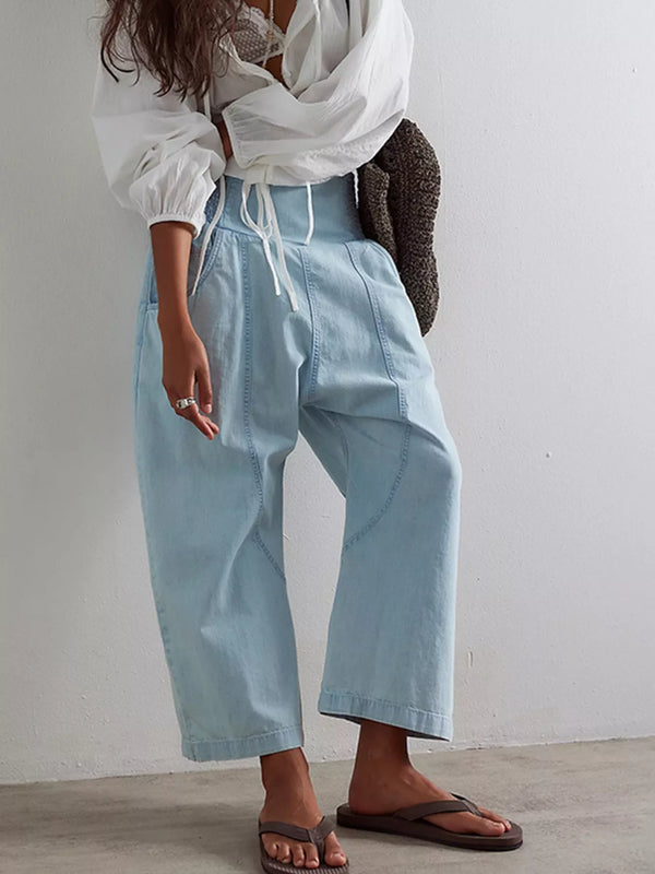Smocked High-Waisted Wide Leg Jeans - Lilixa.store