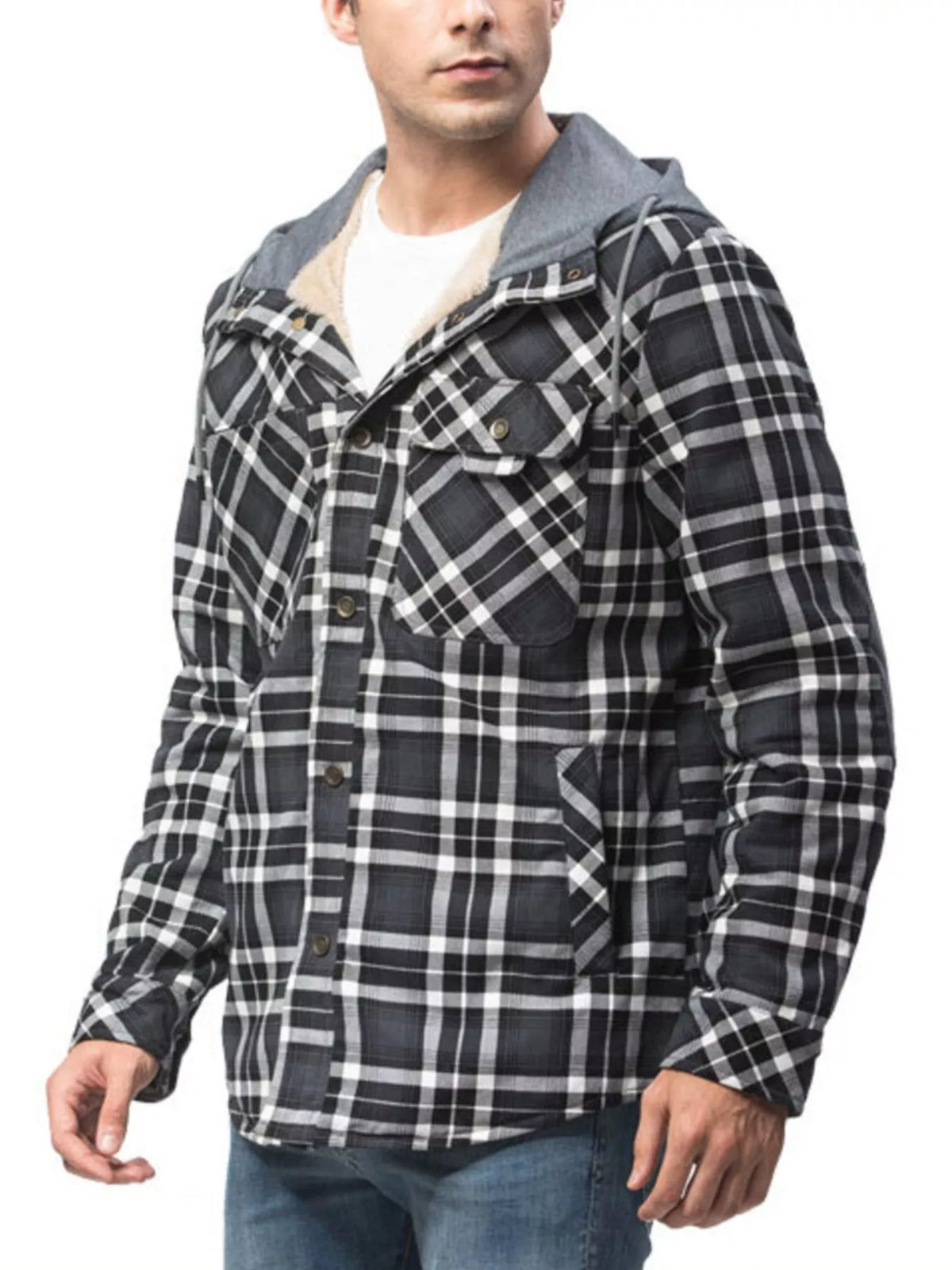 Man in a black, white and gray plaid jacket with a gray hood, a snap front and chest pockets, worn over a white T-shirt