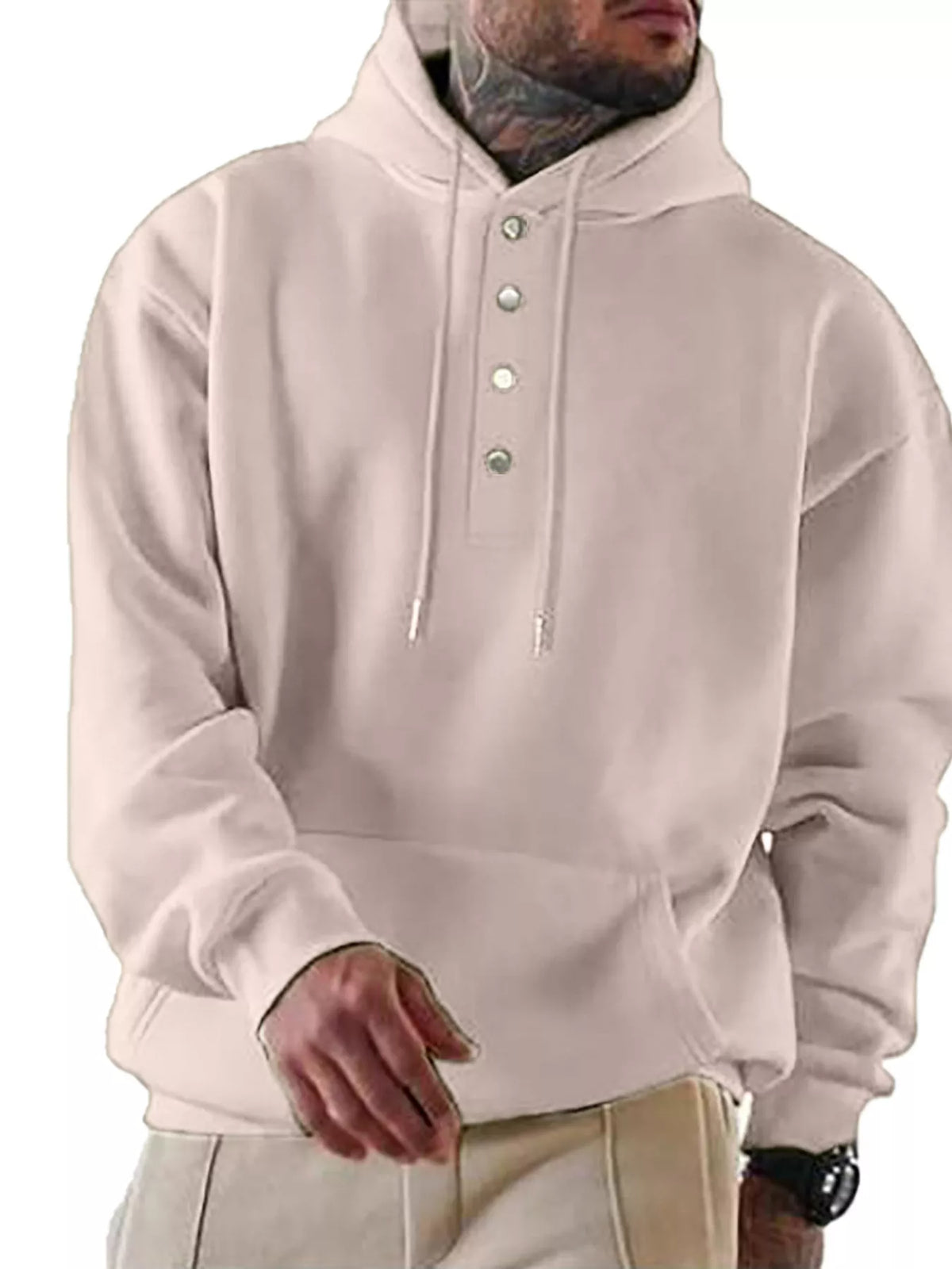 Man in a beige pullover hoodie with a button placket, drawstrings and a kangaroo pocket