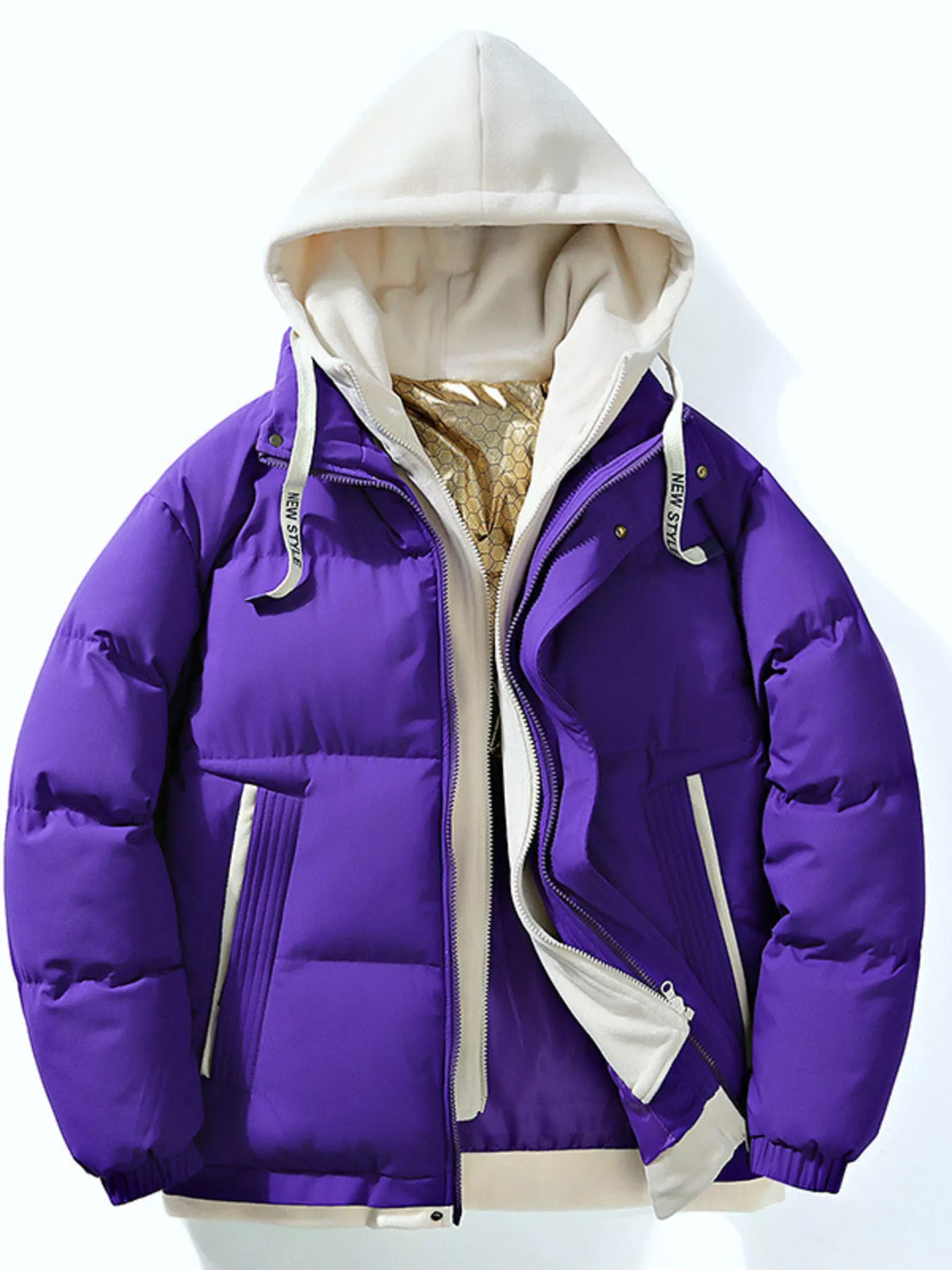 Violet men's puffer jacket with an ivory contrast hood and a full zipper