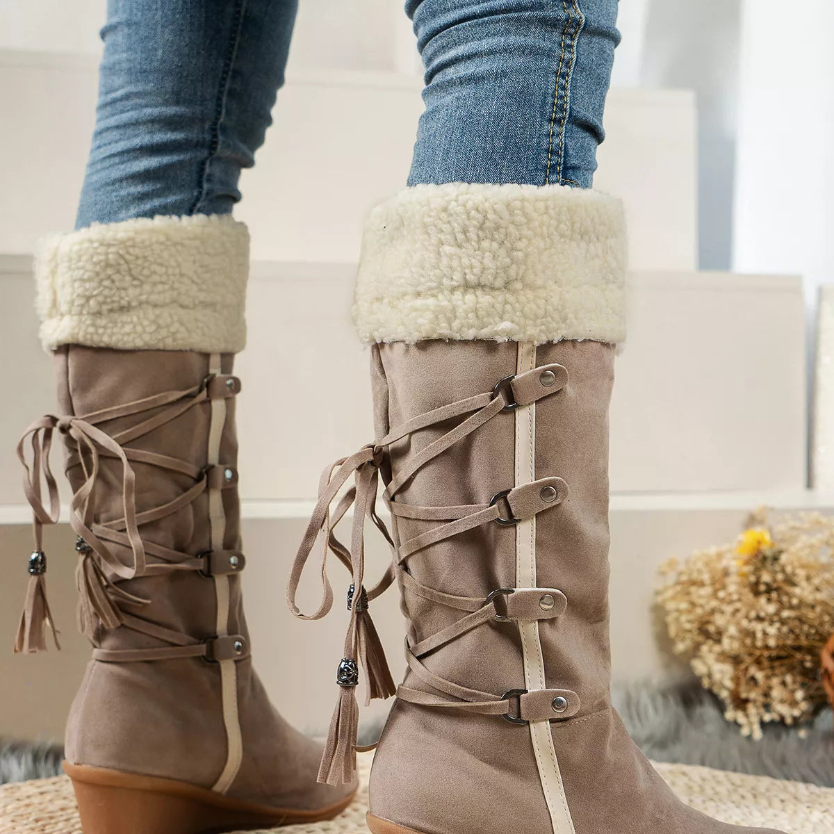 Faux Fur Lined Suede Wedge Boots with Lace-Up Detail