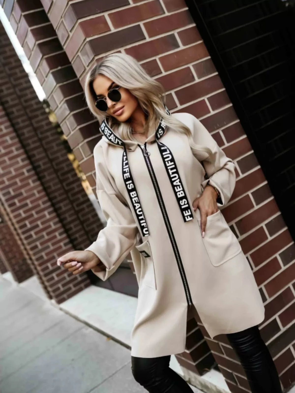 Full Size Casual Hooded Zip-Up Longline Outerwear Plus Size, view 3