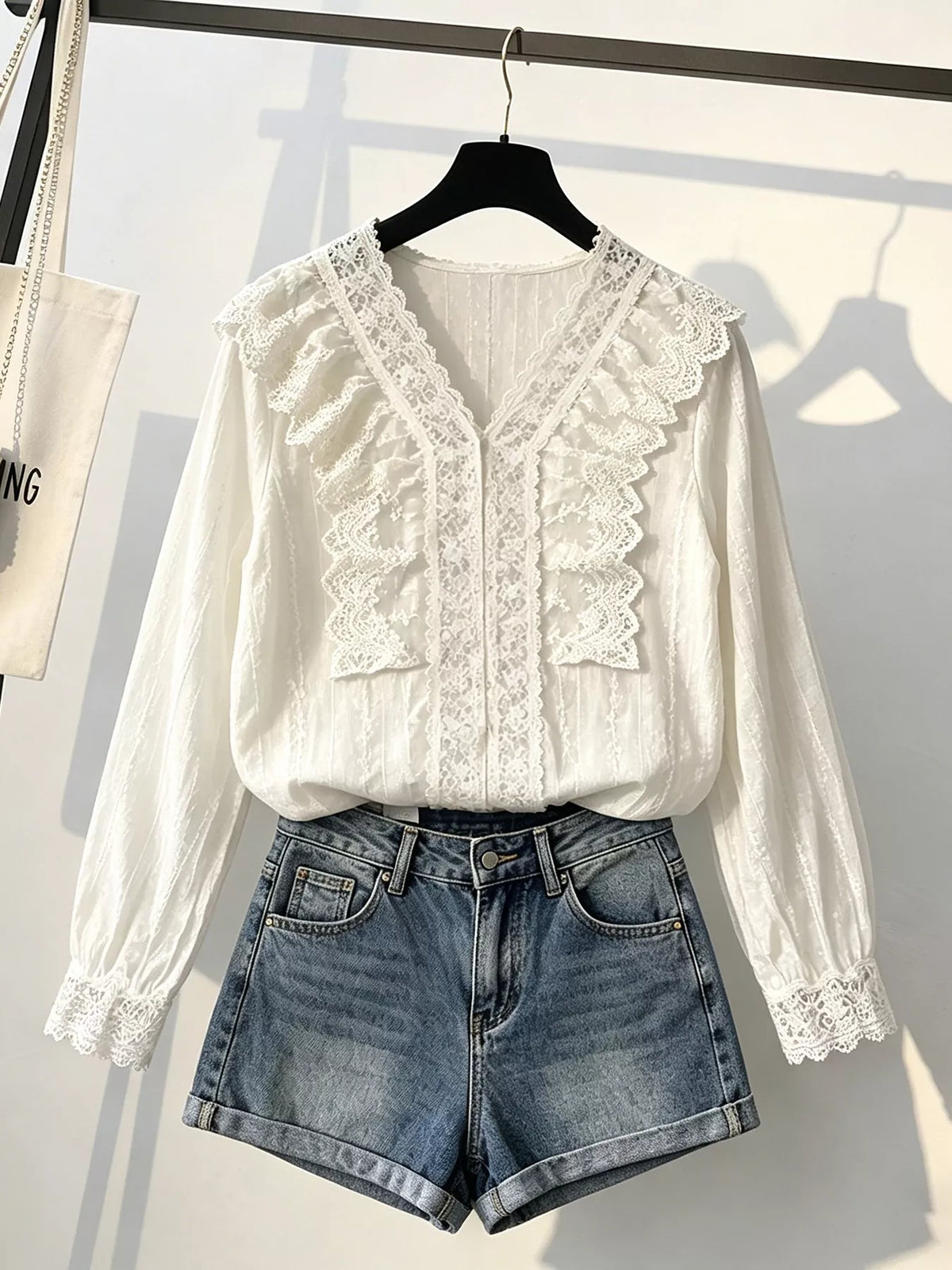 V-Neck Lace Ruffle Sheer Blouse in Apricot, view 3