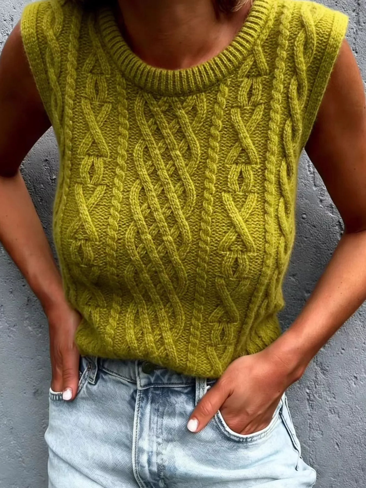 Cable Knit Sweater Vest in Matcha Green