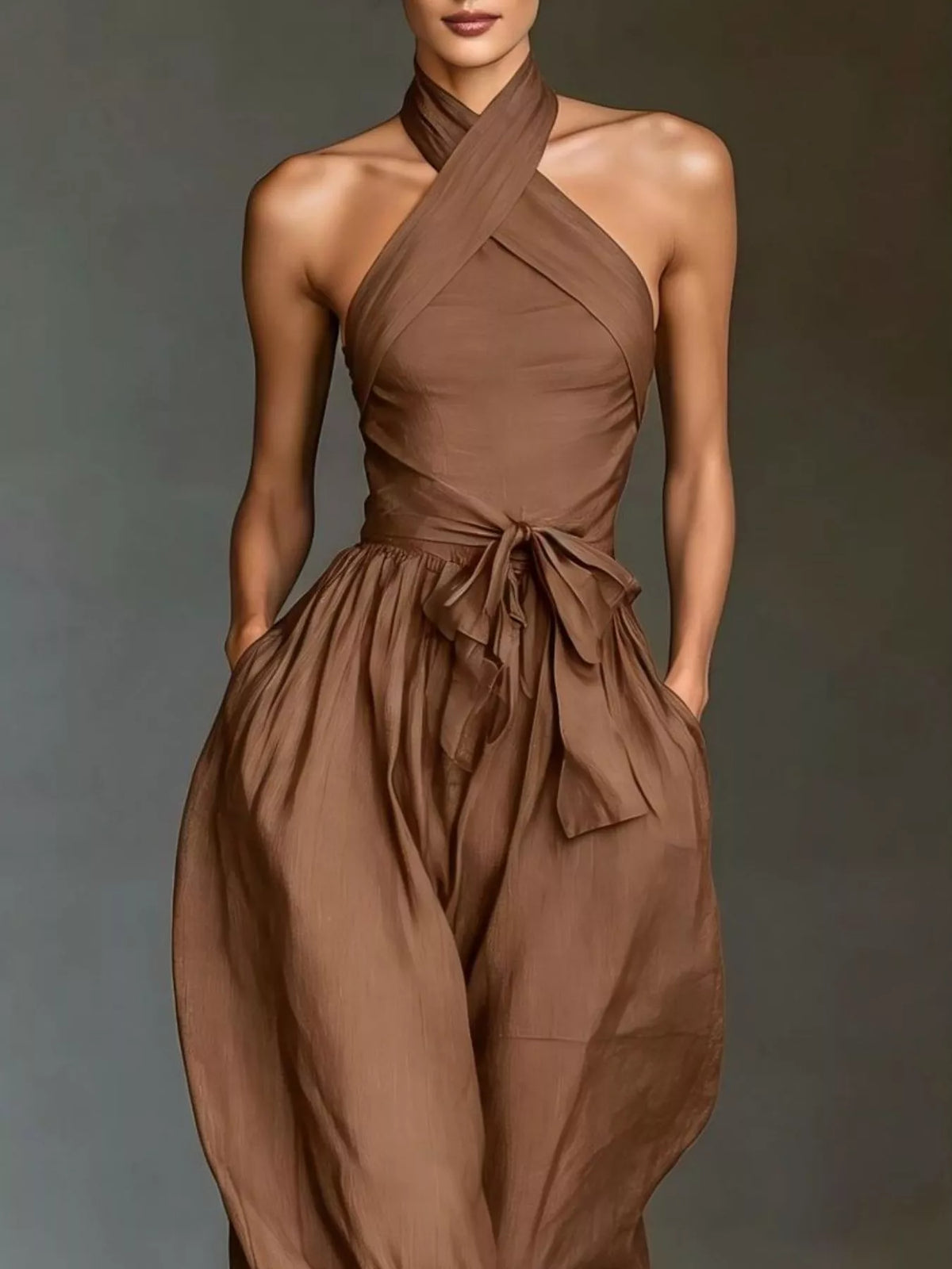 Halter Neck Wide-Leg Jumpsuit with Waist-Tie Detail - Lilixa.store