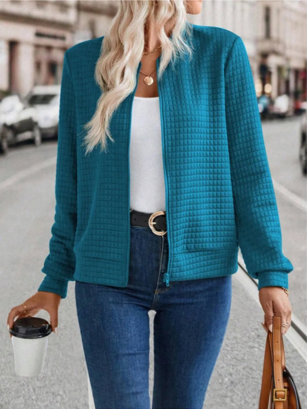Zip Up Long Sleeve Jacket in French Blue