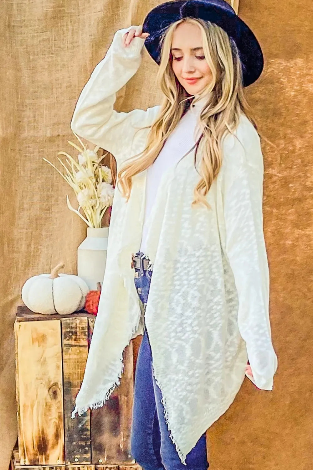 And The Why Textured Knit Fringe Hem Cardigan in Ivory, view 3