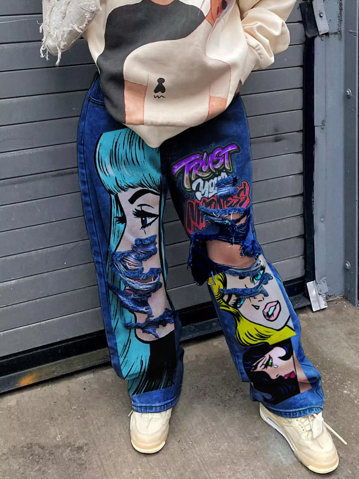 Full Size Pop Art Graphic Distressed Wide-Leg Jeans Plus Size - Lilixa.store