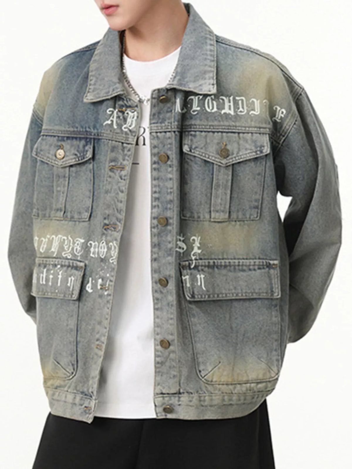 Men's Letter Print Washed Denim Jacket - Lilixa.store
