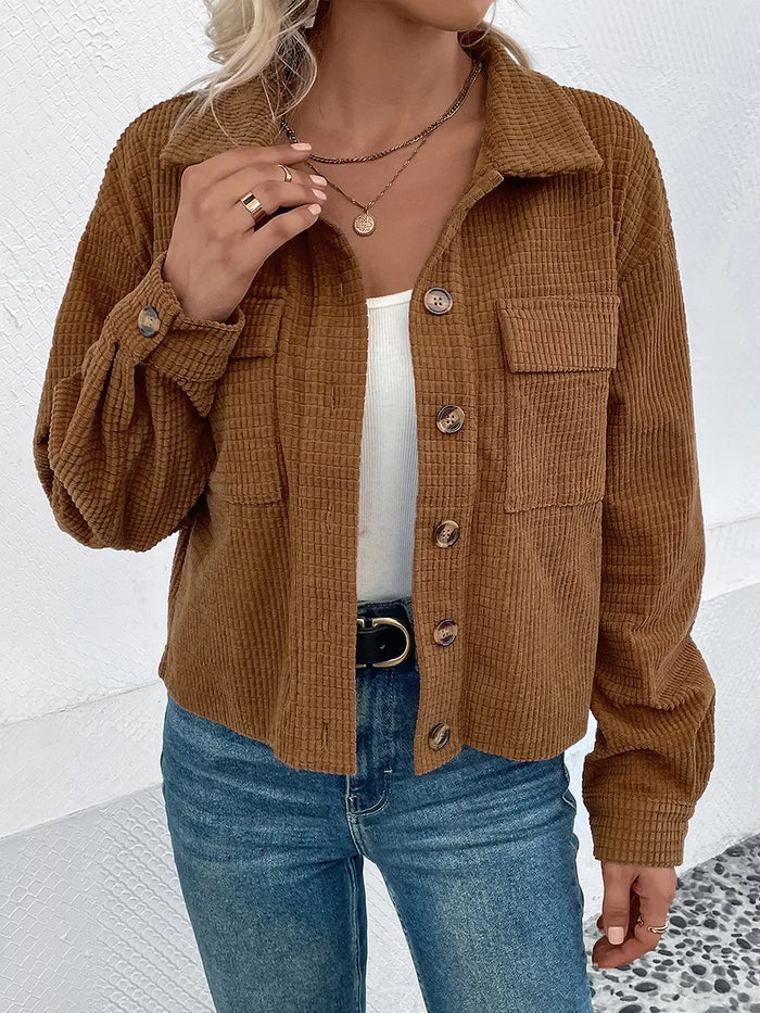 Perfee Collared Neck Button Front Jacket with Pockets in Camel
