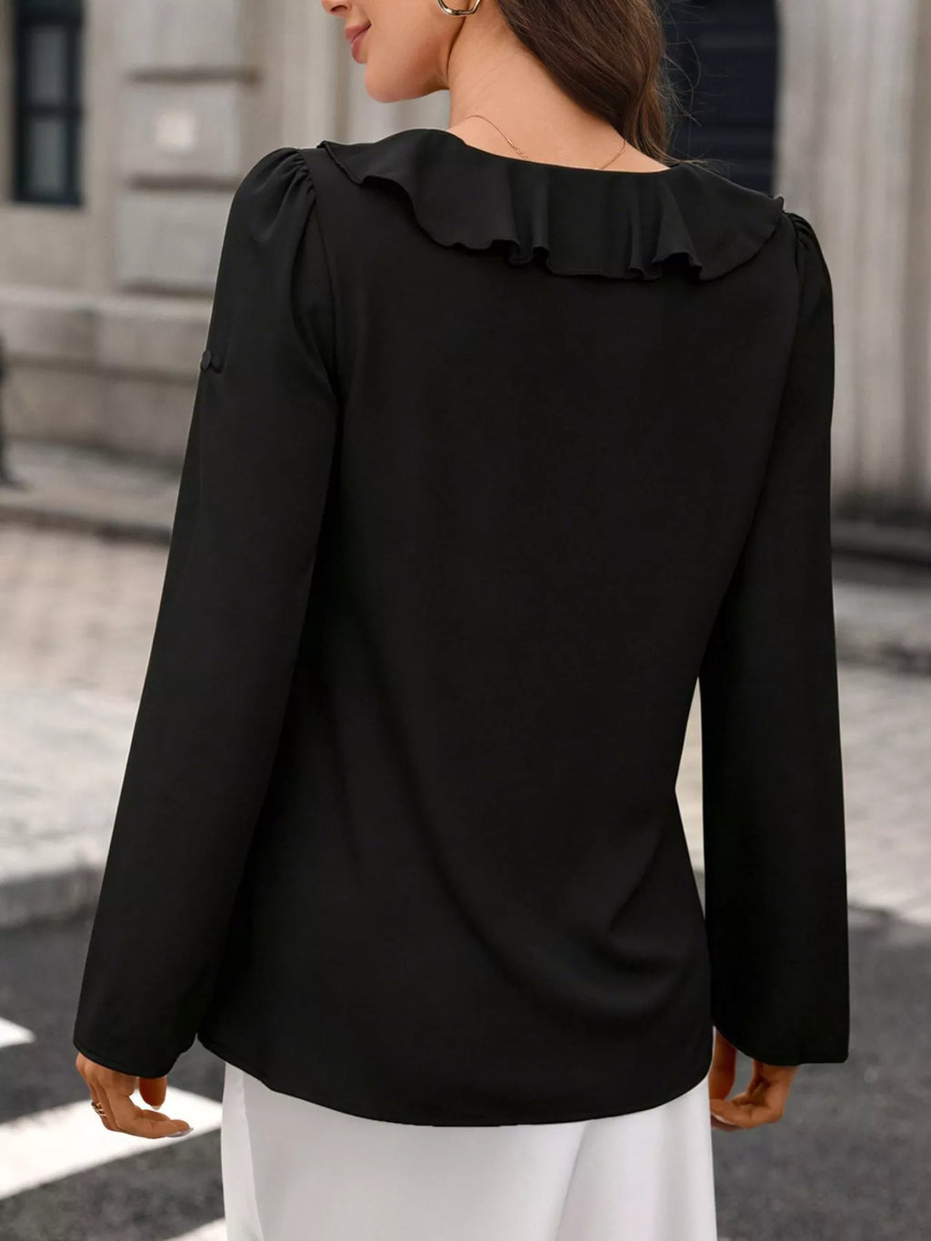 Ruffled V-Neck Roll-Up Sleeves Blouse - Lilixa.store