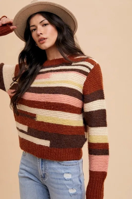 Annie Wear Color Block Round Neck Long Sleeve Sweater - Lilixa.store