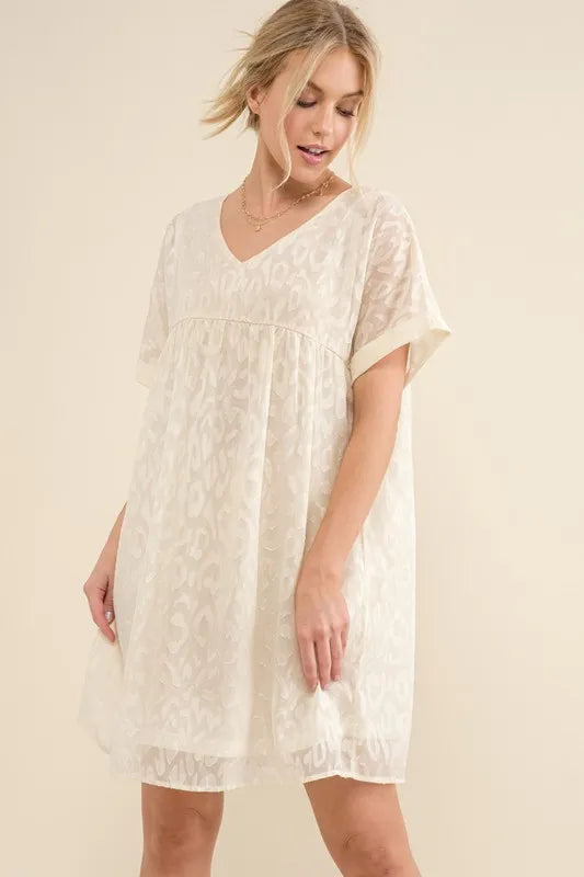 And The Why Woven Leopard Baby Doll Roll-Sleeve Casual Dress - Lilixa.store