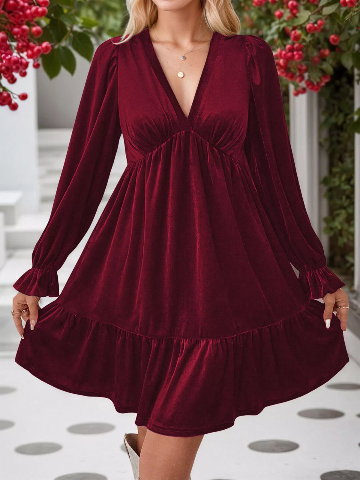 Velvet V-Neck Long Sleeve Ruffle Hem Mini Dress - Lilixa.store
