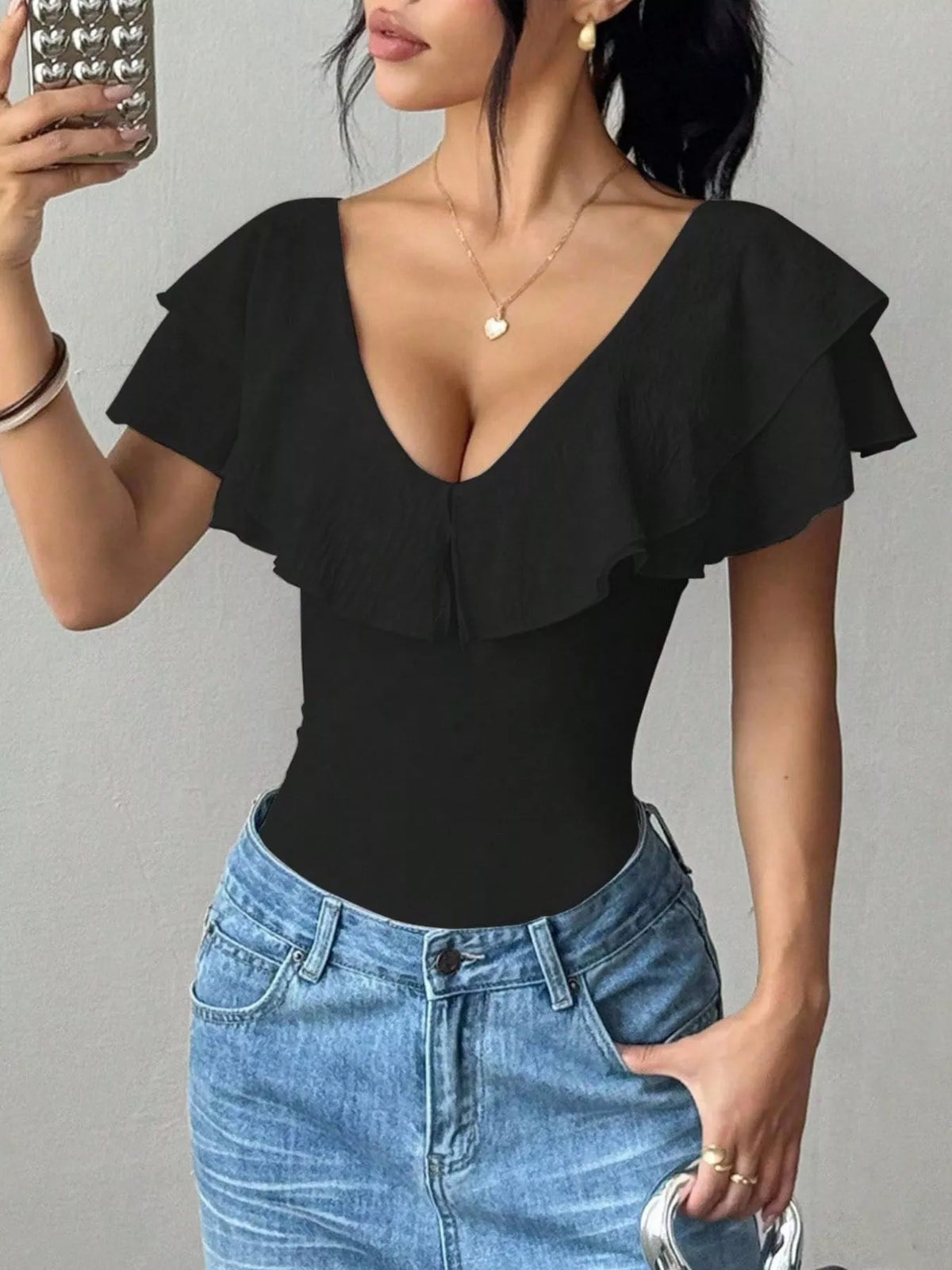 Ruffle Trim V-Neck Bodysuit - Lilixa.store