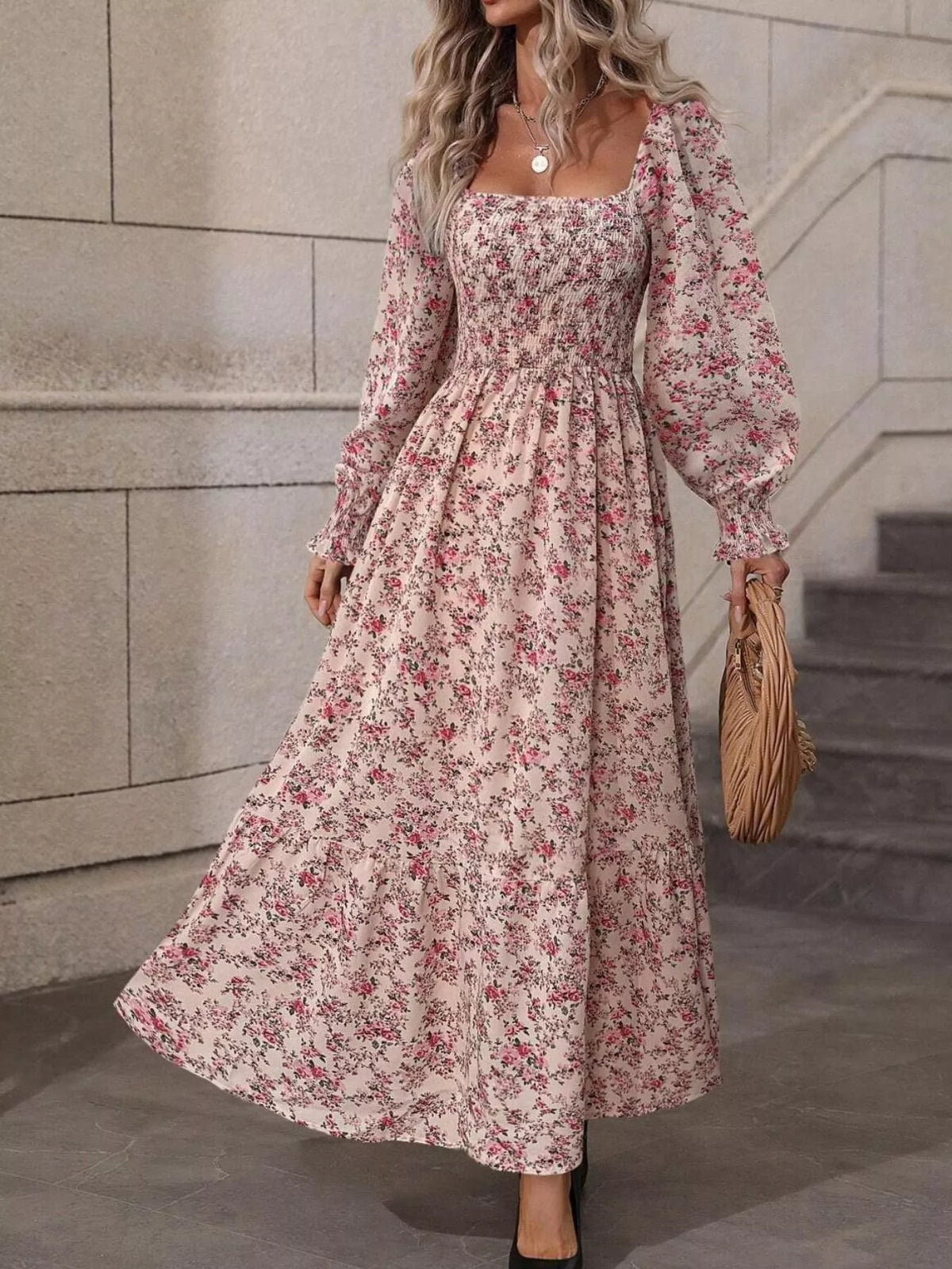 Floral Print Square Neck Smocked Midi Dress - Lilixa.store