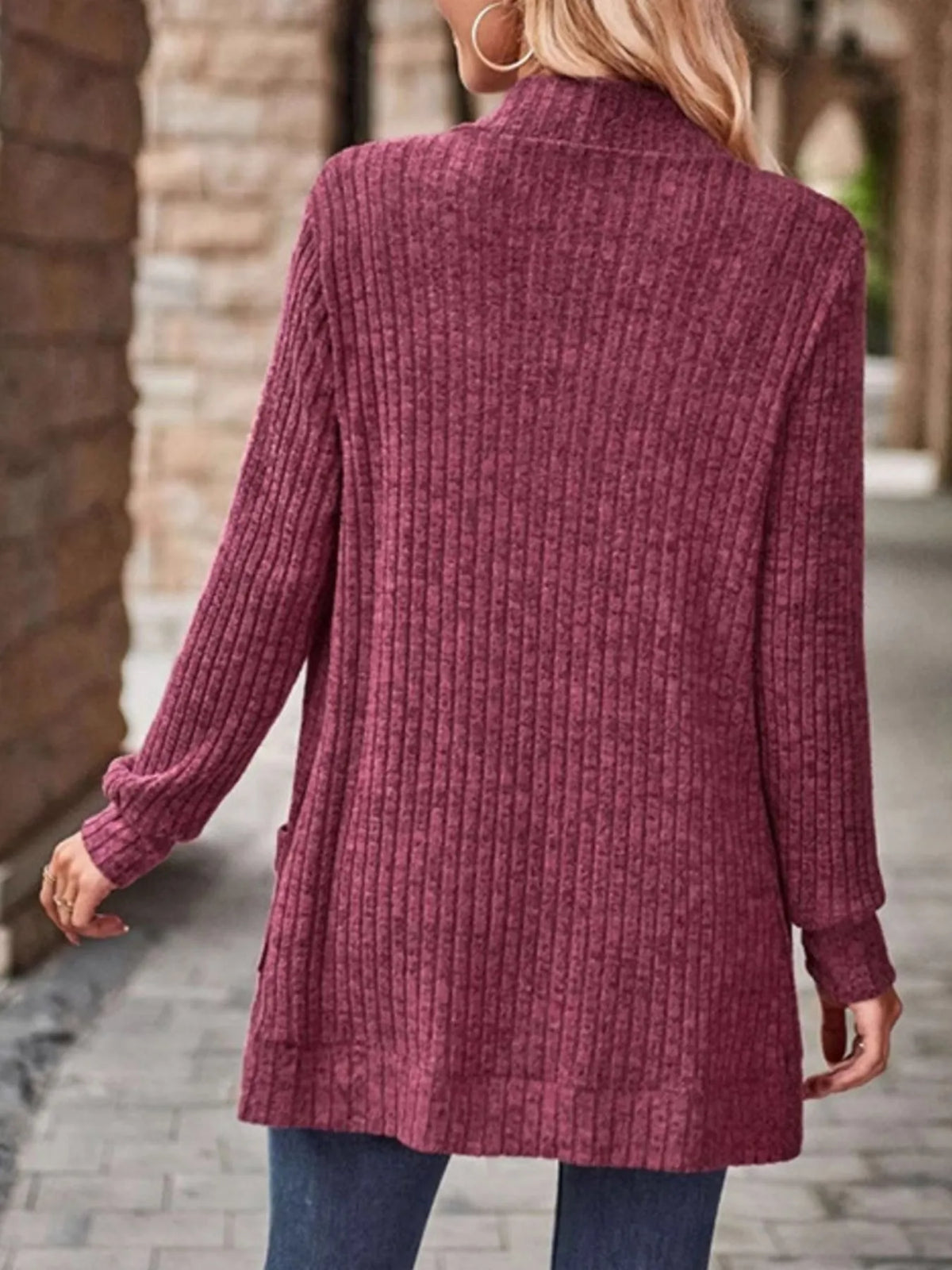 Ribbed Knit Open Front Cardigan with Pockets, view 4