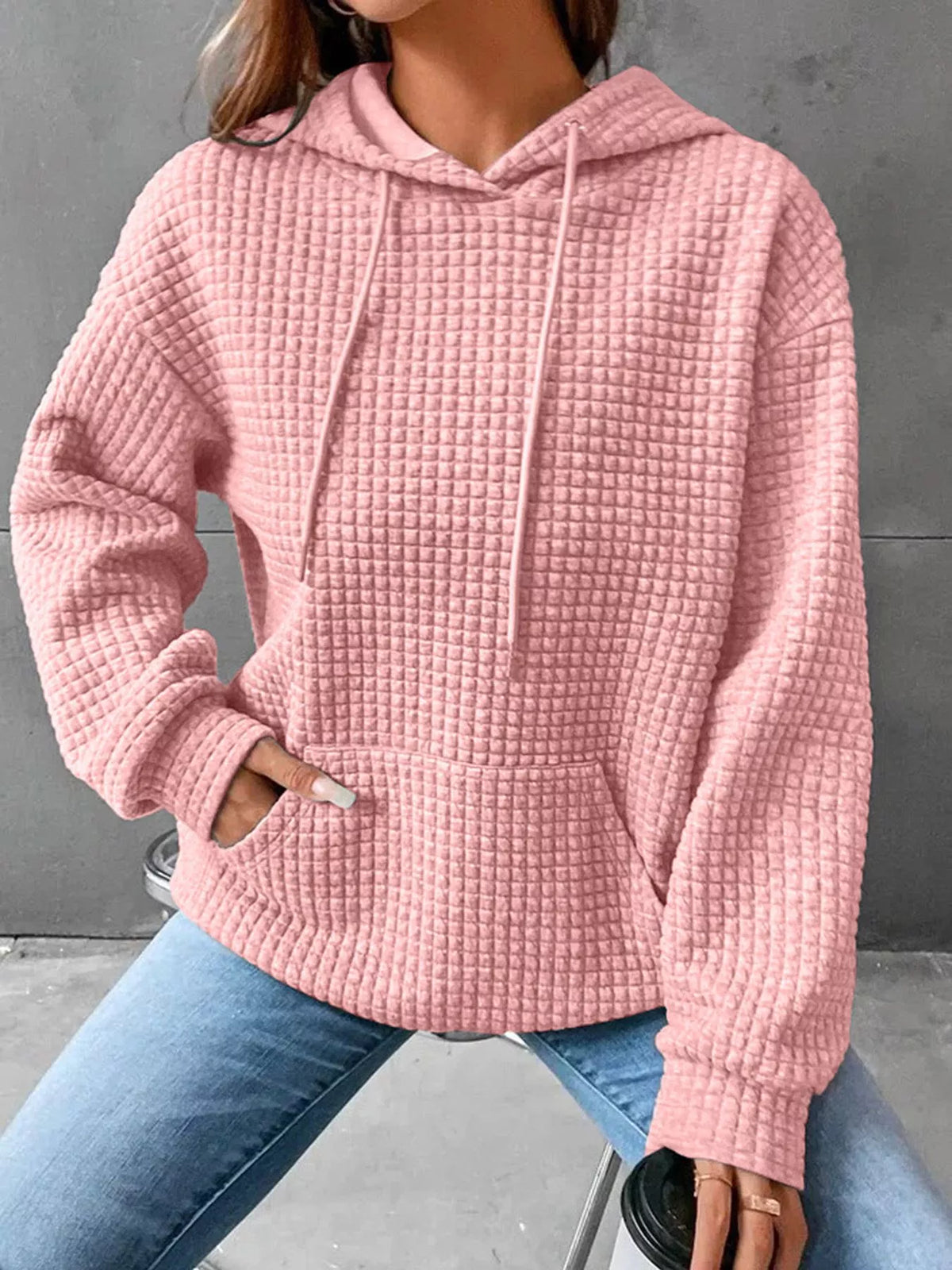 Full Size Textured Kangaroo Pocket Hoodie Plus Size - Lilixa.store