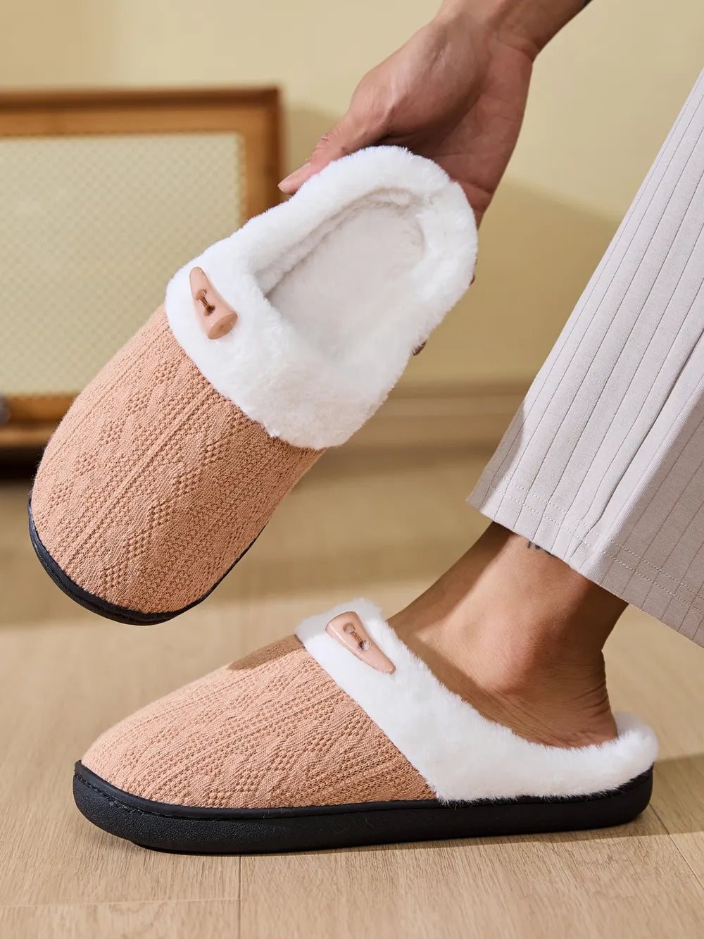 Horn Buckle Furry Texture Flat Slippers - Lilixa.store
