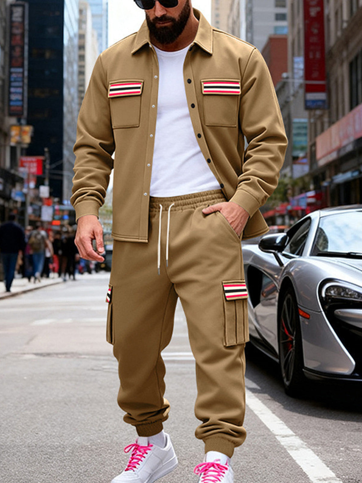Men's Full Size Collared Neck Shacket and Pants Set Plus Size
