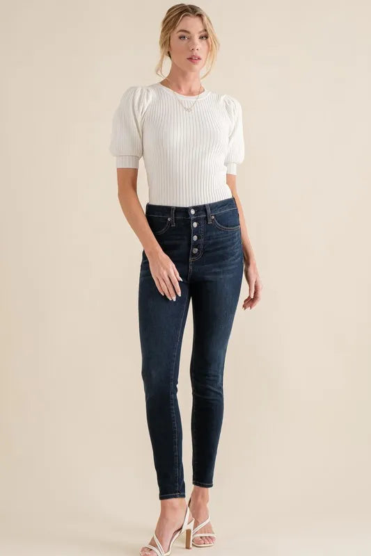 And The Why Puffed Half Sleeve Rib Basic Bodysuit - Lilixa.store
