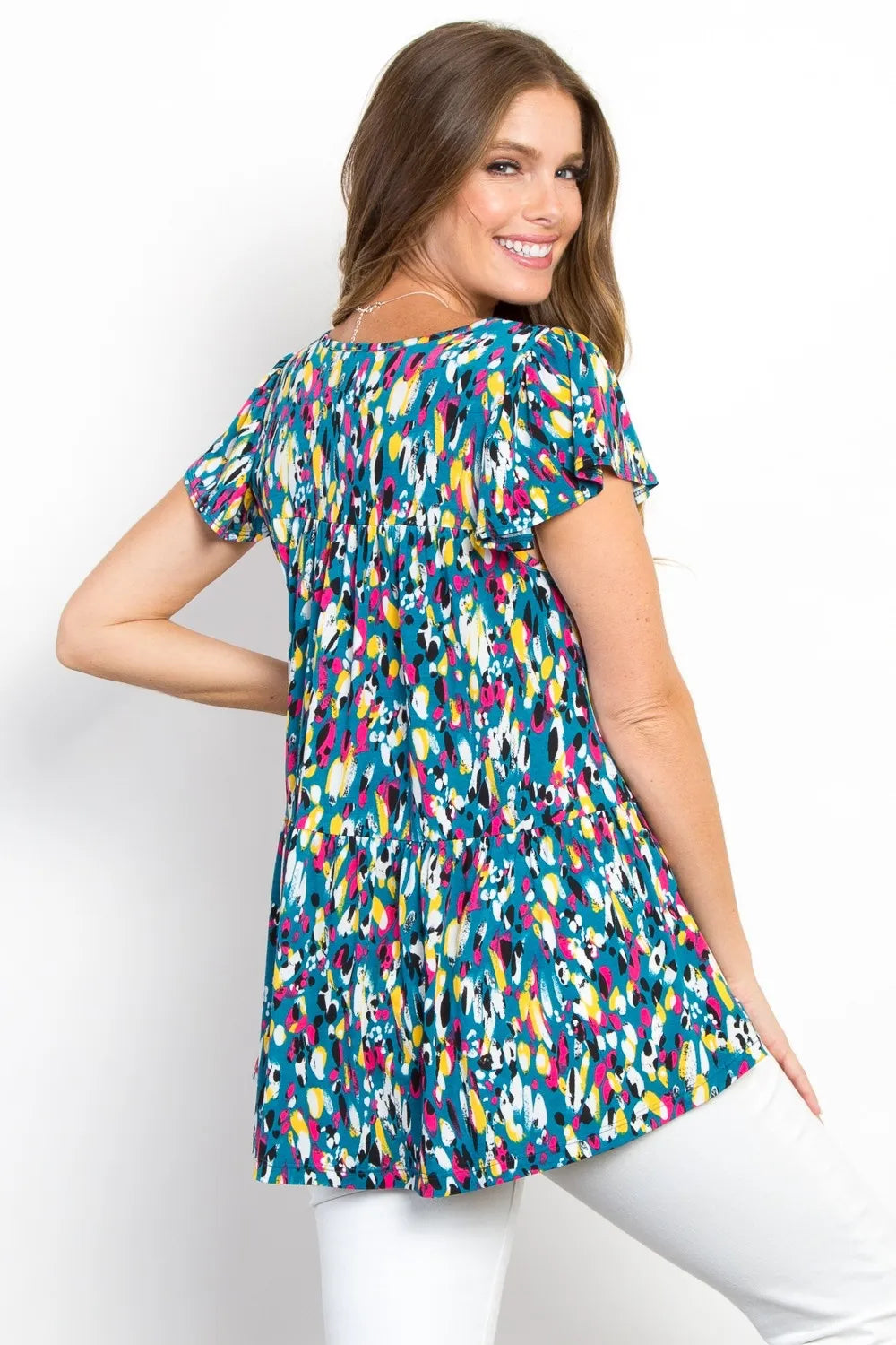 Be Stage Printed Ruffle Sleeve Top - Lilixa.store