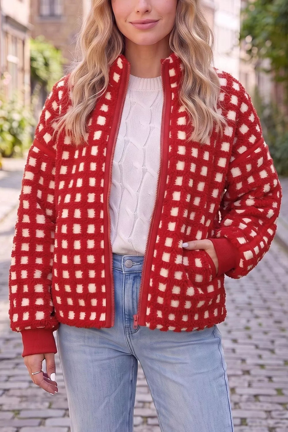 Plaid Zip-Up Long Sleeve Outerwear in Deep Red