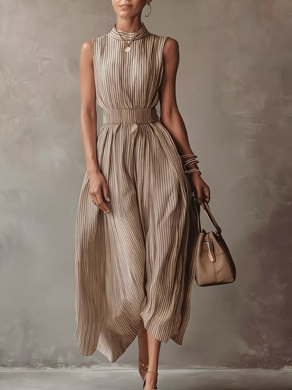 Striped Mock Neck Sleeveless Maxi Dress - Lilixa.store