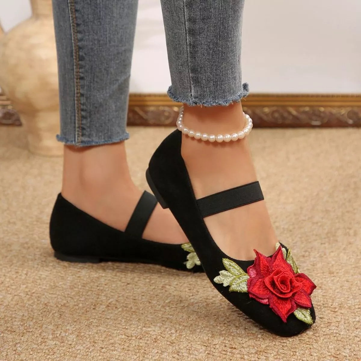 Flower Square Toe Slip-Ons in Black, view 2