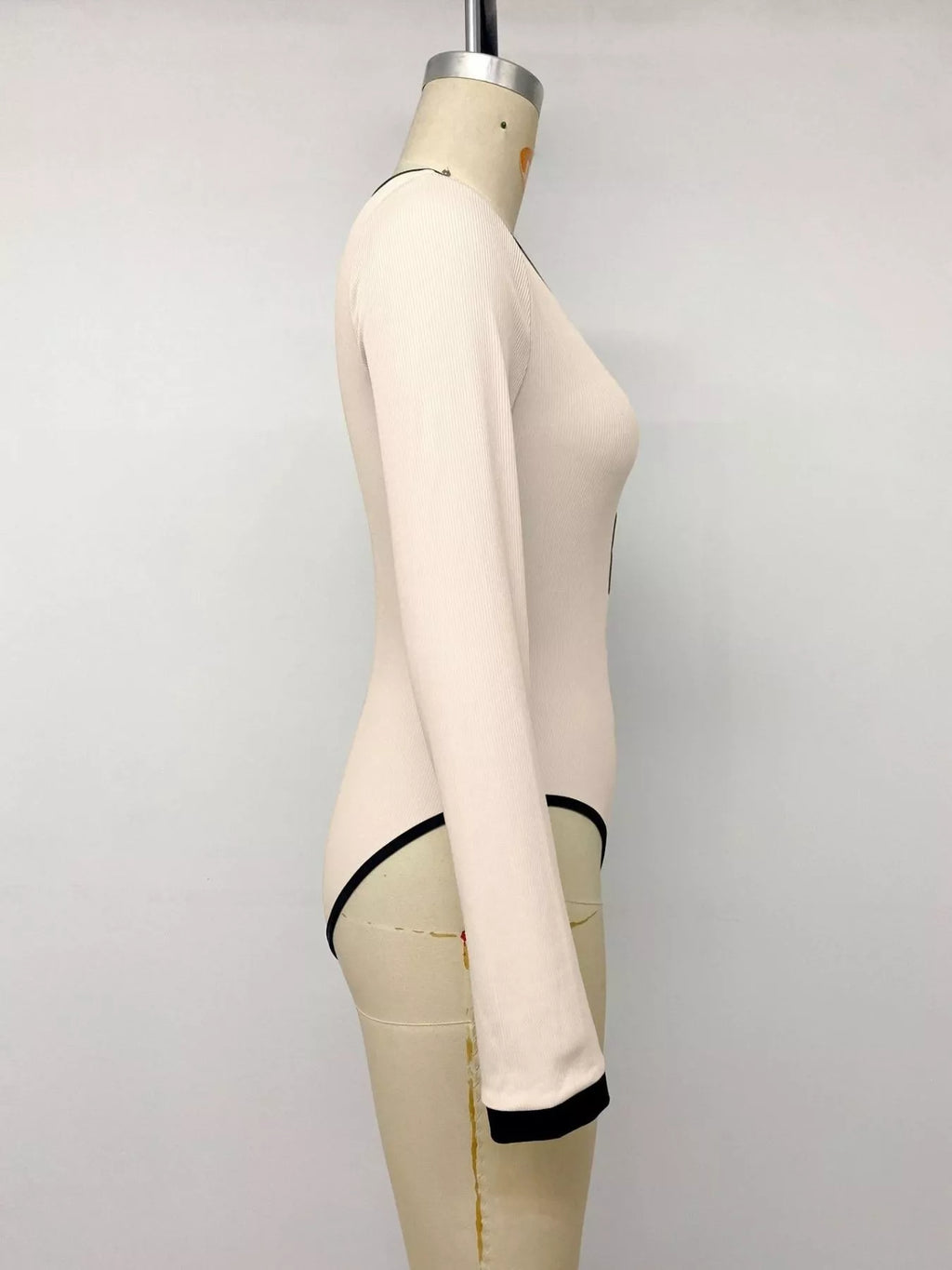 Ribbed V-Neck Long Sleeve Bodysuit with Contrast Trim - Lilixa.store