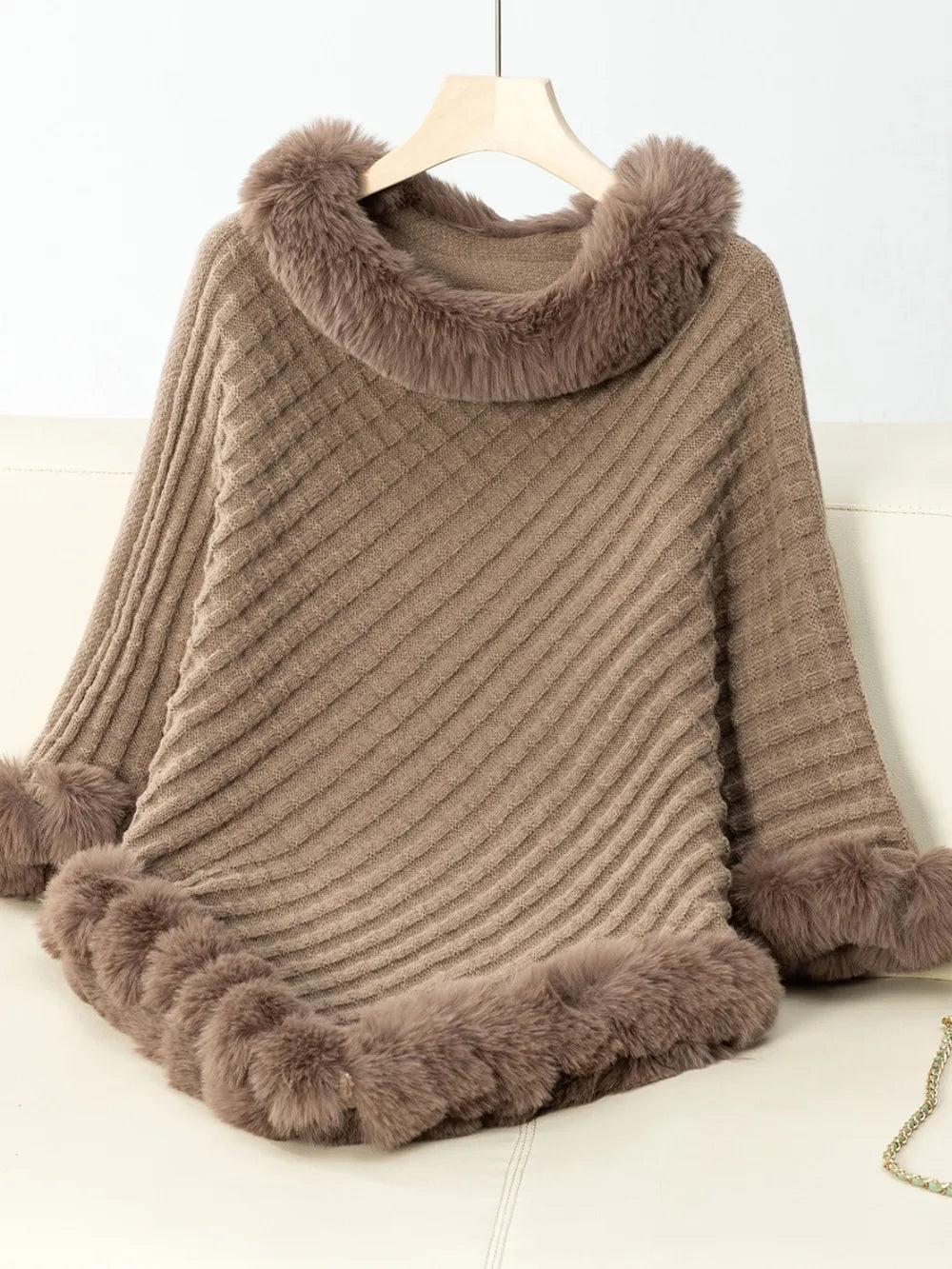 Fuzzy Trim Texture Three-Quarter Sleeve Poncho - Lilixa.store
