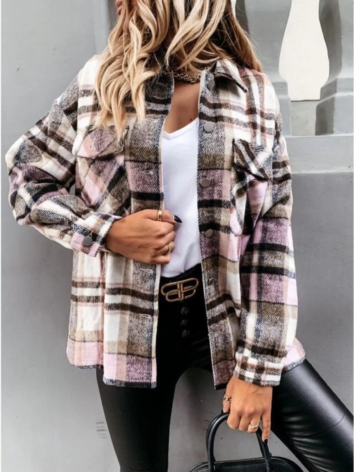 Plaid Button-Down Long Sleeve Shacket in Dusty Pink