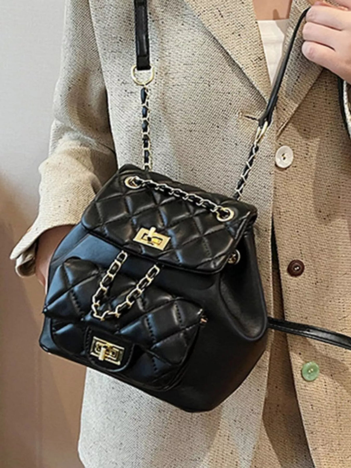 Quilted Chain Decor Backpack Bag - Lilixa.store