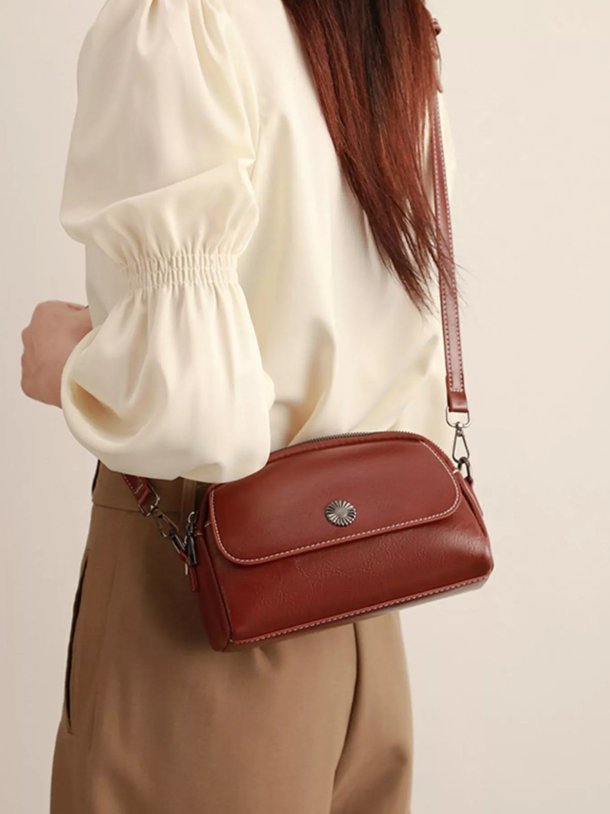 PU Leather Crossbody Bag with Metal Emblem Detail in Brown, view 5