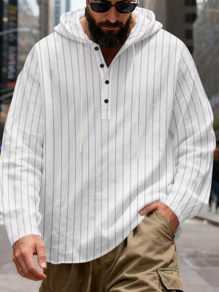 Men's Full Size Casual Striped Henley Hoodie with Drawstring Plus Size in White