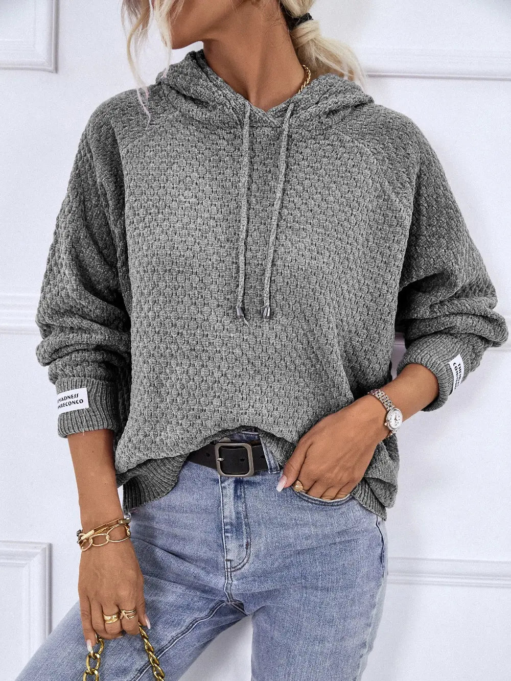 Texture Drawstring Long Sleeve Hooded Sweater, view 5