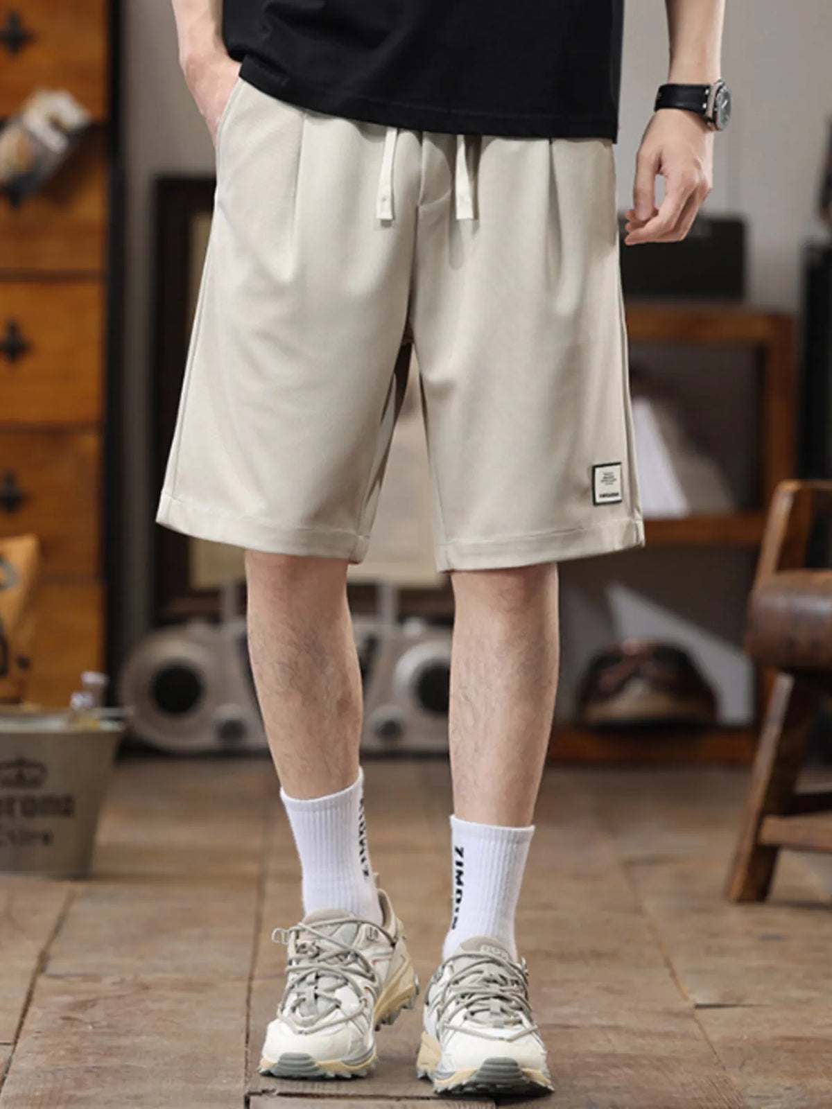Men's Plus Size Casual Loose-Fit Drawstring Shorts in Khaki