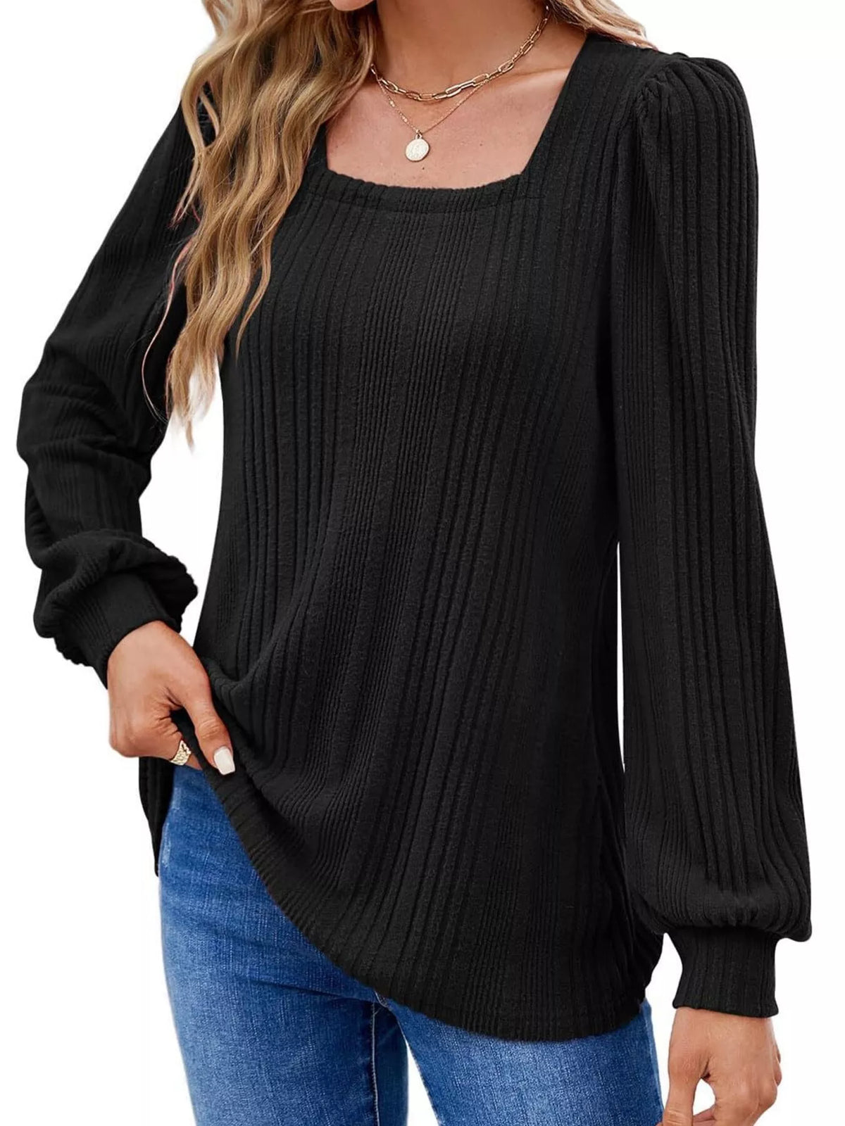Full Size Square Neck Ribbed Knit Top Plus Size - Lilixa.store