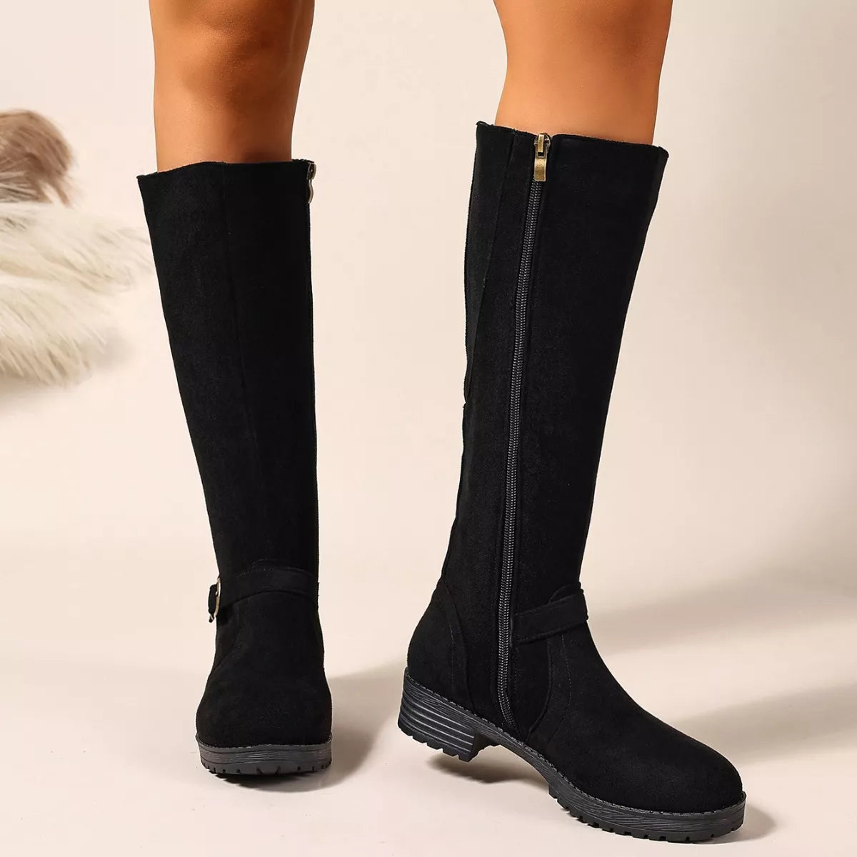 Knee-High Suede Buckle Accent Boots - Lilixa.store