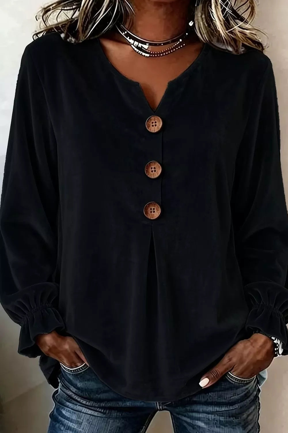 Full Size Velvet Button Decor Blouse with Ruffled Cuffs Plus Size - Lilixa.store
