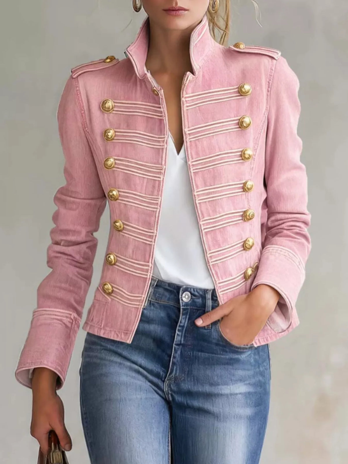 Military-Inspired Denim Jacket with Gold Button Detailing in Dusty Pink