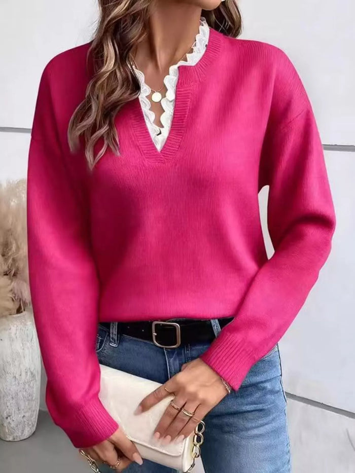 Lace Trim Dropped Shoulder Sweater - Lilixa.store