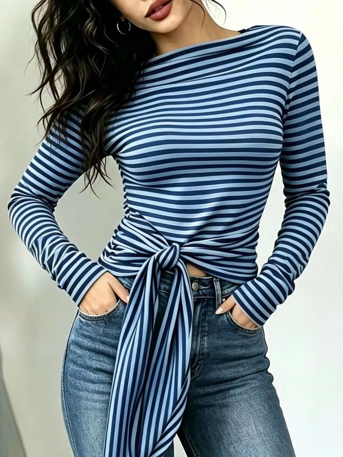 Long Sleeve Striped T-Shirt with Front Tie Detail in Blue